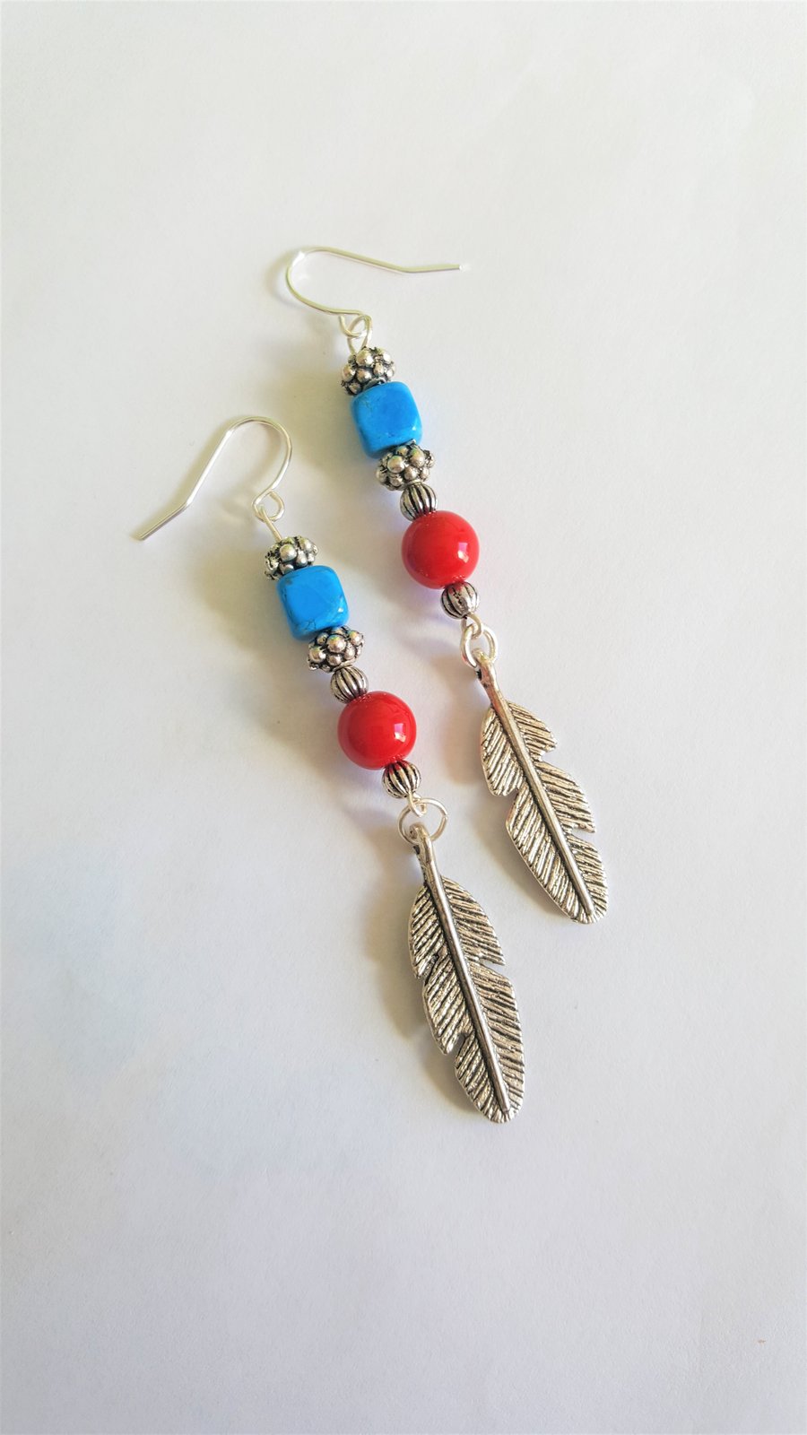 Boho Festival Red and Turquoise Feather Earrings