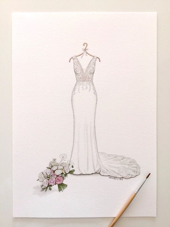 Custom hand drawn original wedding dress and bouquet illustration 