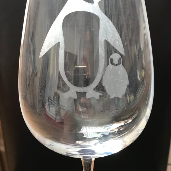 Hand Etched Glass, Penguin Mummy and Me