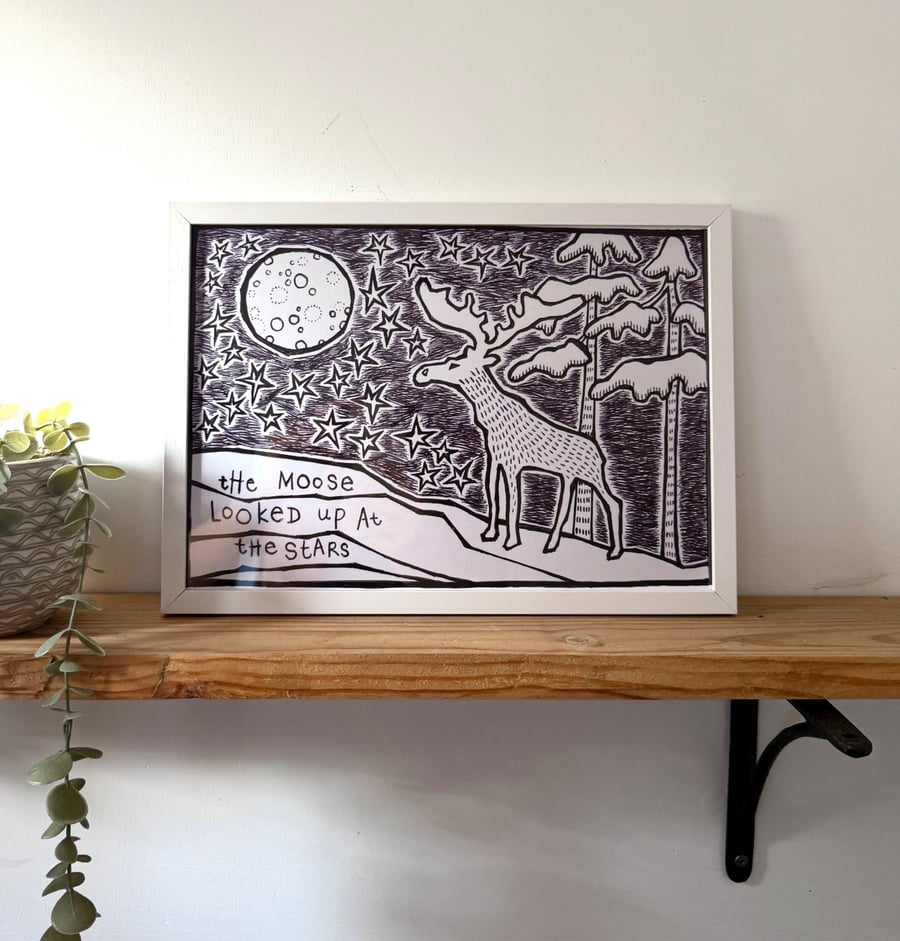 Moose and Stars Giclee Print, Unique Animal Art