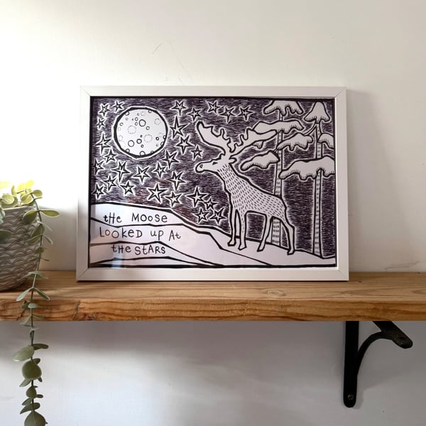 Moose and Stars Giclee Print, Unique Animal Art