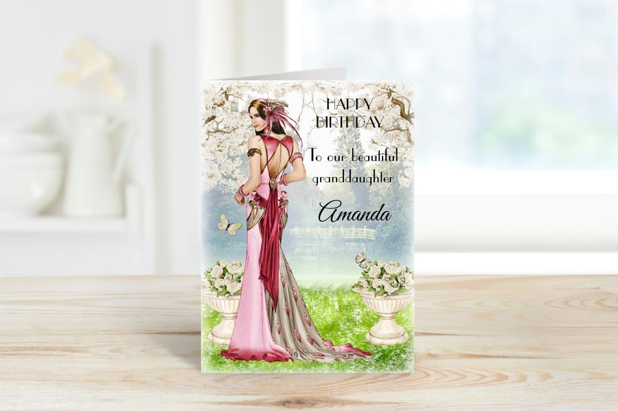 Personalised Art Deco Lady Greeting Card. Amanda. Red & Pink Dress