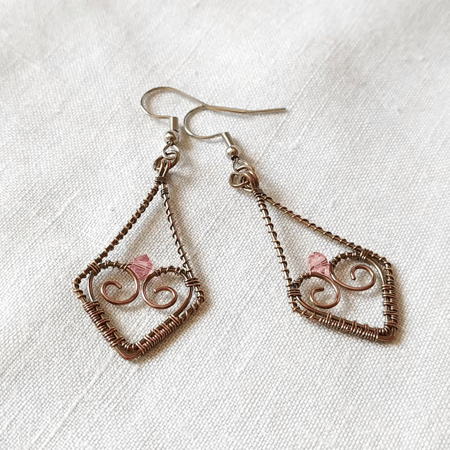 Geometrical Filigree Style Drop Earrings in Oxidised Copper