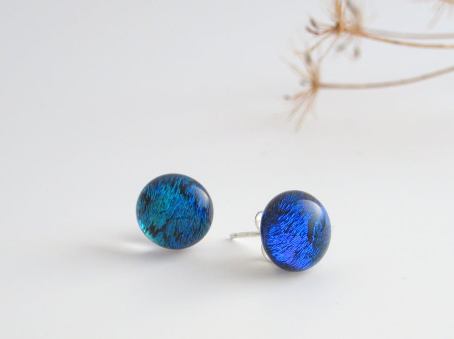 Stud earrings, Mediterranean blue iridescent glass