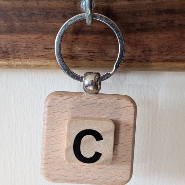 Alphabet letter tile wooden keyring - bagcharm - C