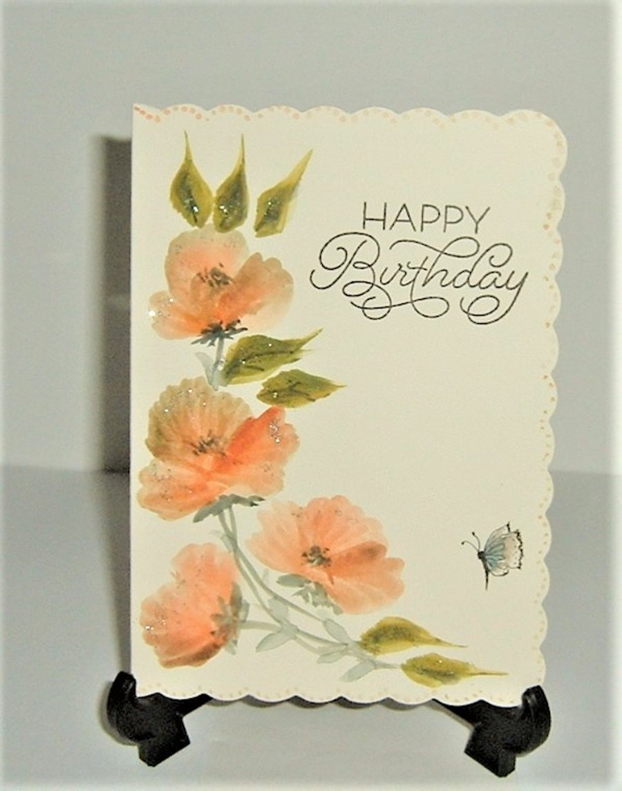 hand painted original floral birthday card ( ref F 478)
