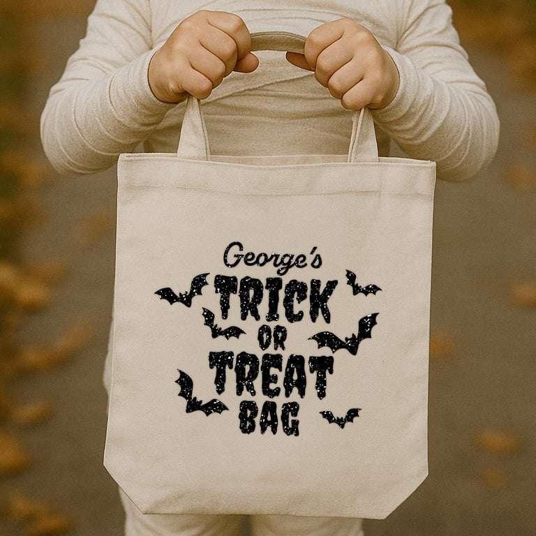 Personalised Trick or Treat Bats Bag Iron On Vinyl – Custom Halloween Transfer