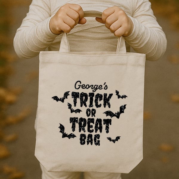 Personalised Trick or Treat Bats Bag Iron On Vinyl – Custom Halloween Transfer