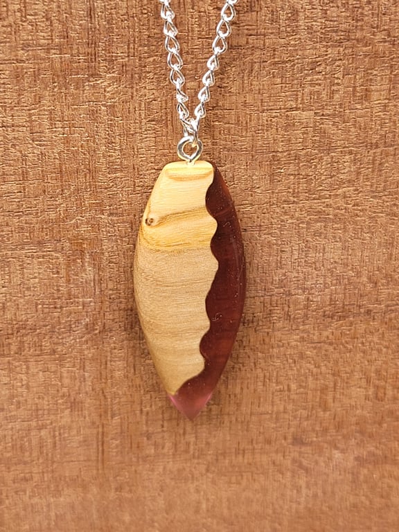 Olive wood and pale red resin pendant - free UK postage