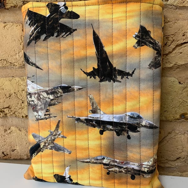 Fighter Jets Quilted Fabric Book Sleeve - Hardback Size