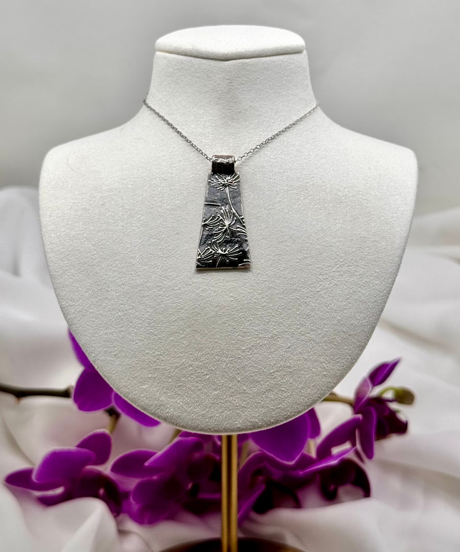 Silver Dandelion Necklace, patinated, Handmade in North Yorkshire