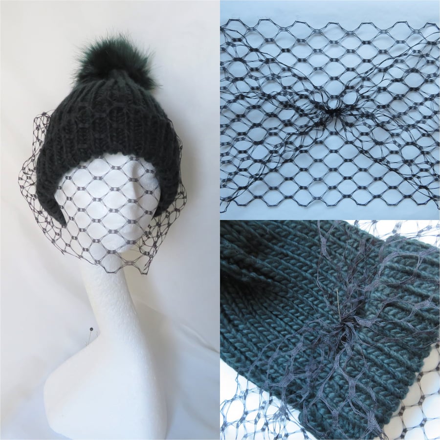 Black Veil for a Beanie Winter Wool Hat - Attach Sew Yourself to your own Hats 