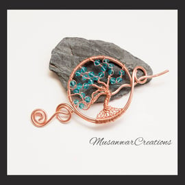 Tree of Life Shawl pin and hair slide,copper wire tree of life blue crystal