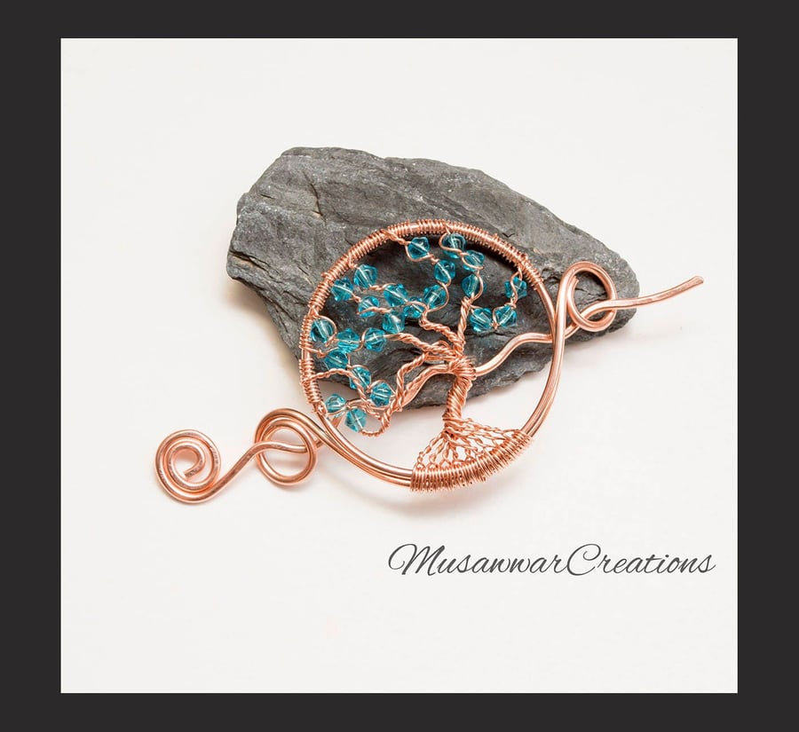 Tree of Life Shawl pin and hair slide,copper wire tree of life blue crystal