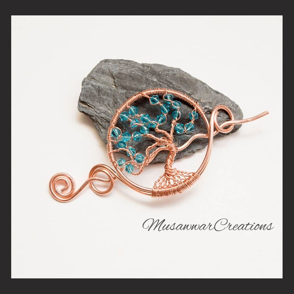 Tree of Life Shawl pin and hair slide,copper wire tree of life blue crystal