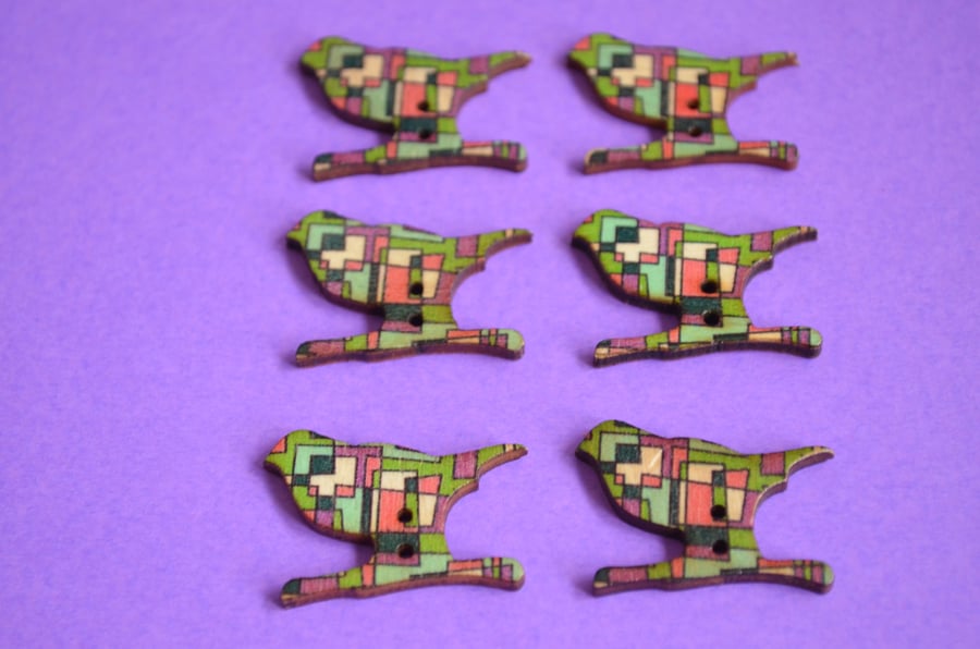 Wooden Bird Buttons Retro Green Pink Purple Turquoise 6pk 30x20mm (BD5)