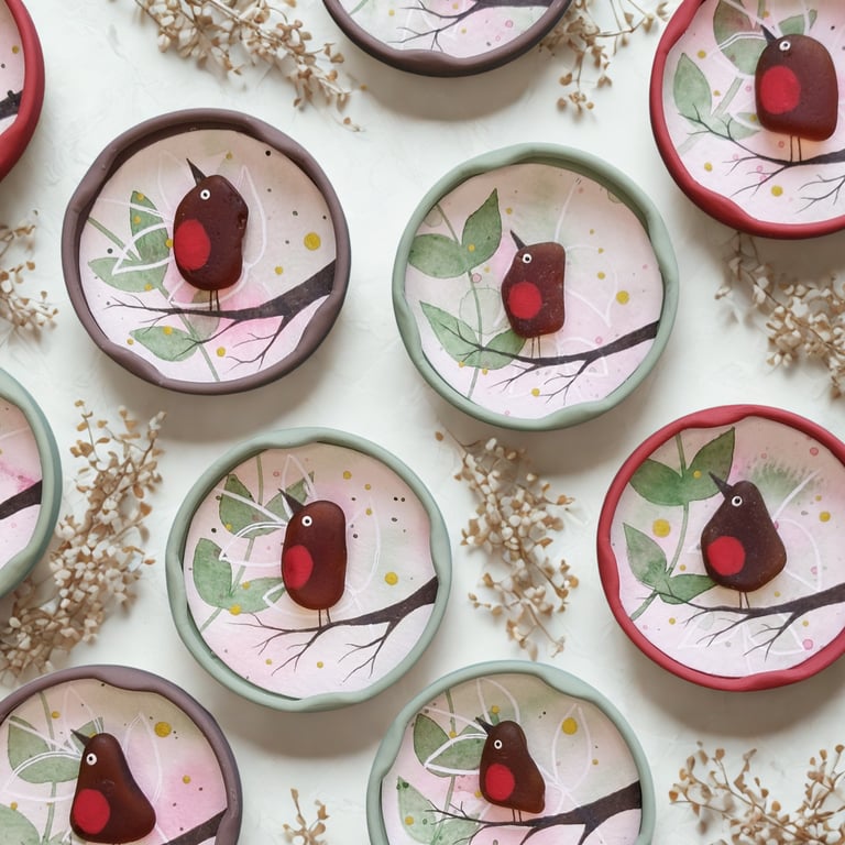 Sea Glass Robin Fridge Magnet - Recycled Jar Lids