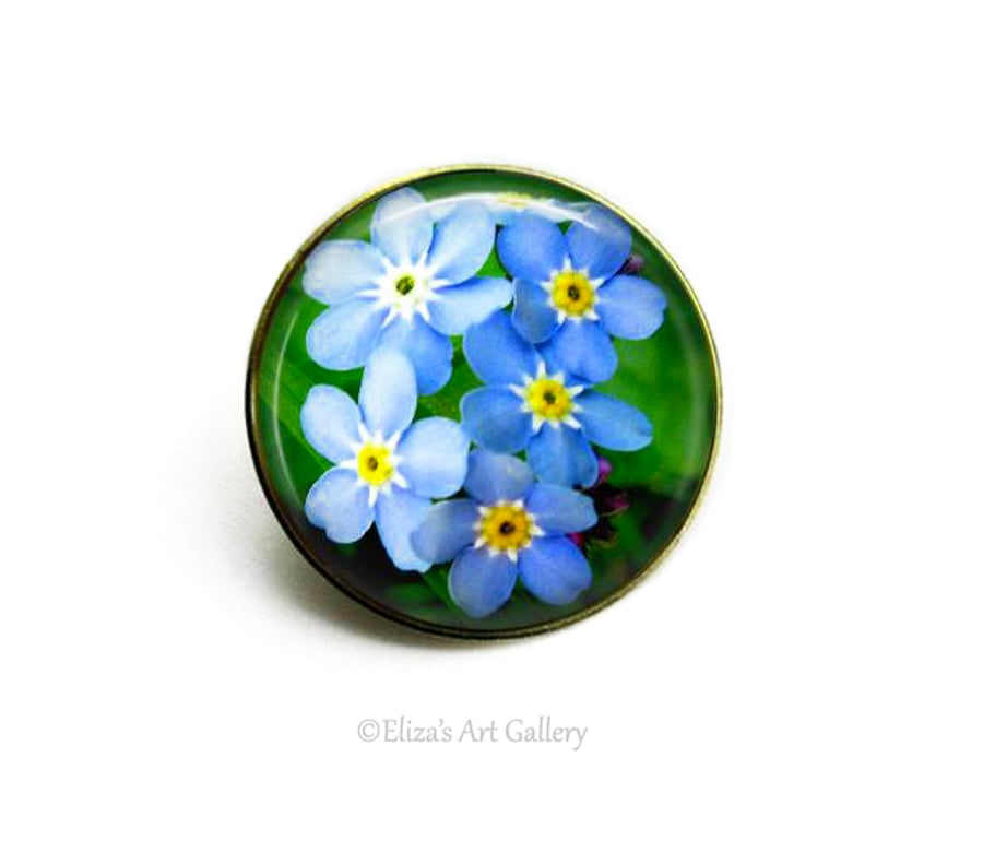 Gold Tone Forget Me Not Flower Photo Brooch