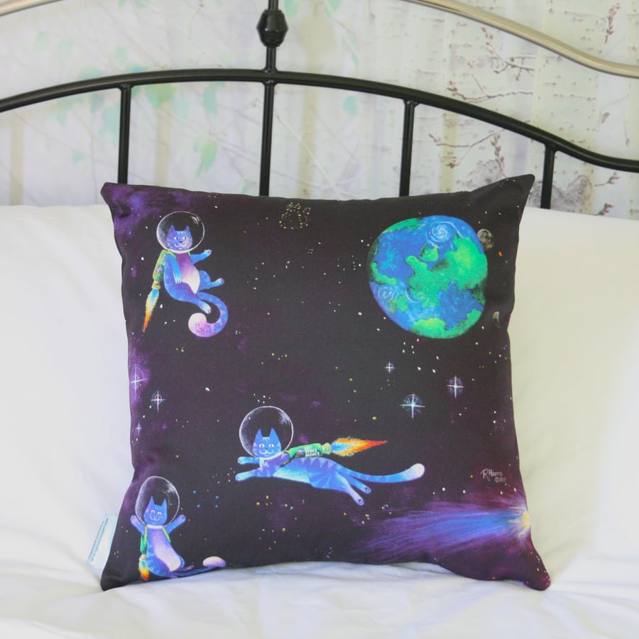 Cat Art Cushion "Apawllo-7" Cats in Space Artwork 100% Cotton Cushion