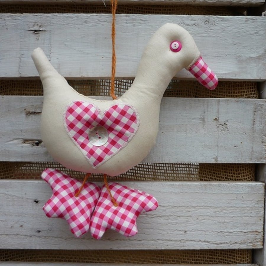 Hanging Duck Decoration with Pink Gingham Applique Hearts~ Shabby Chic