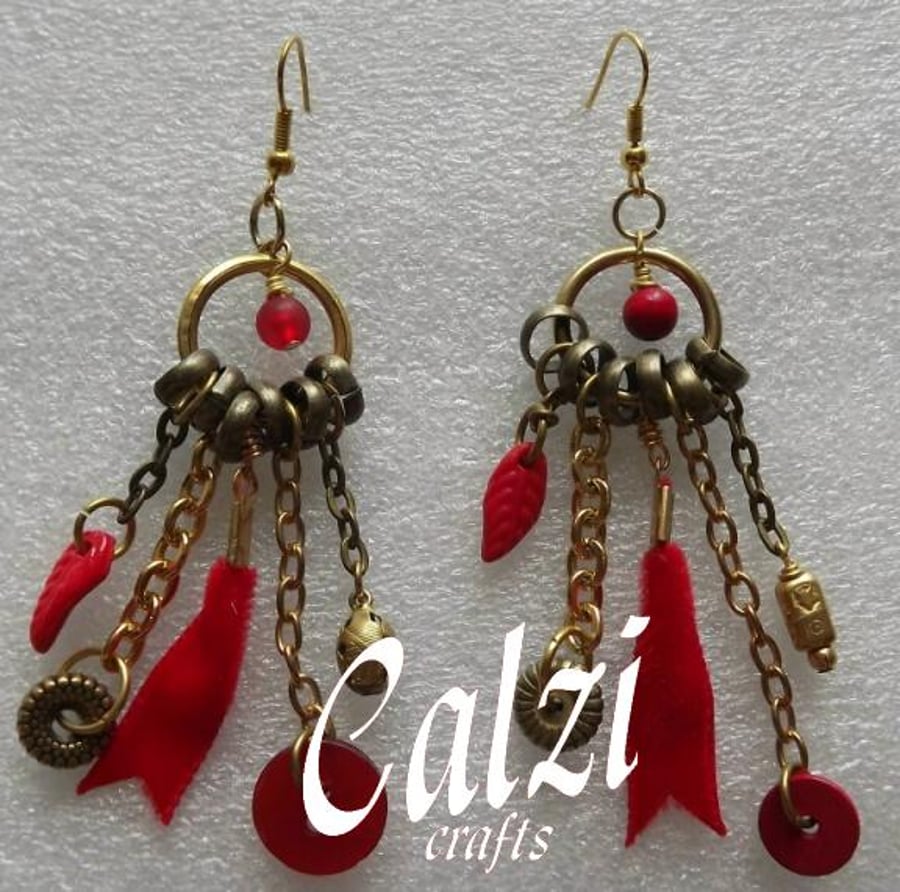 Junk Collectors Dangly Earrings-Red