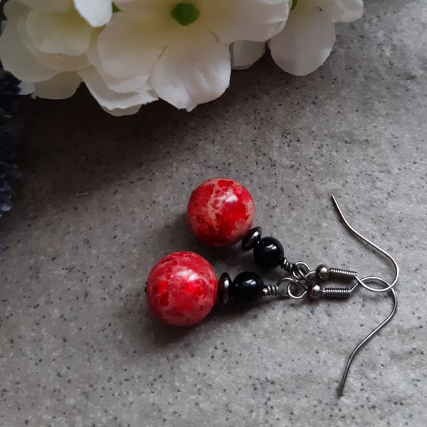 Red Terra Jasper Black Tone Drop Earrings