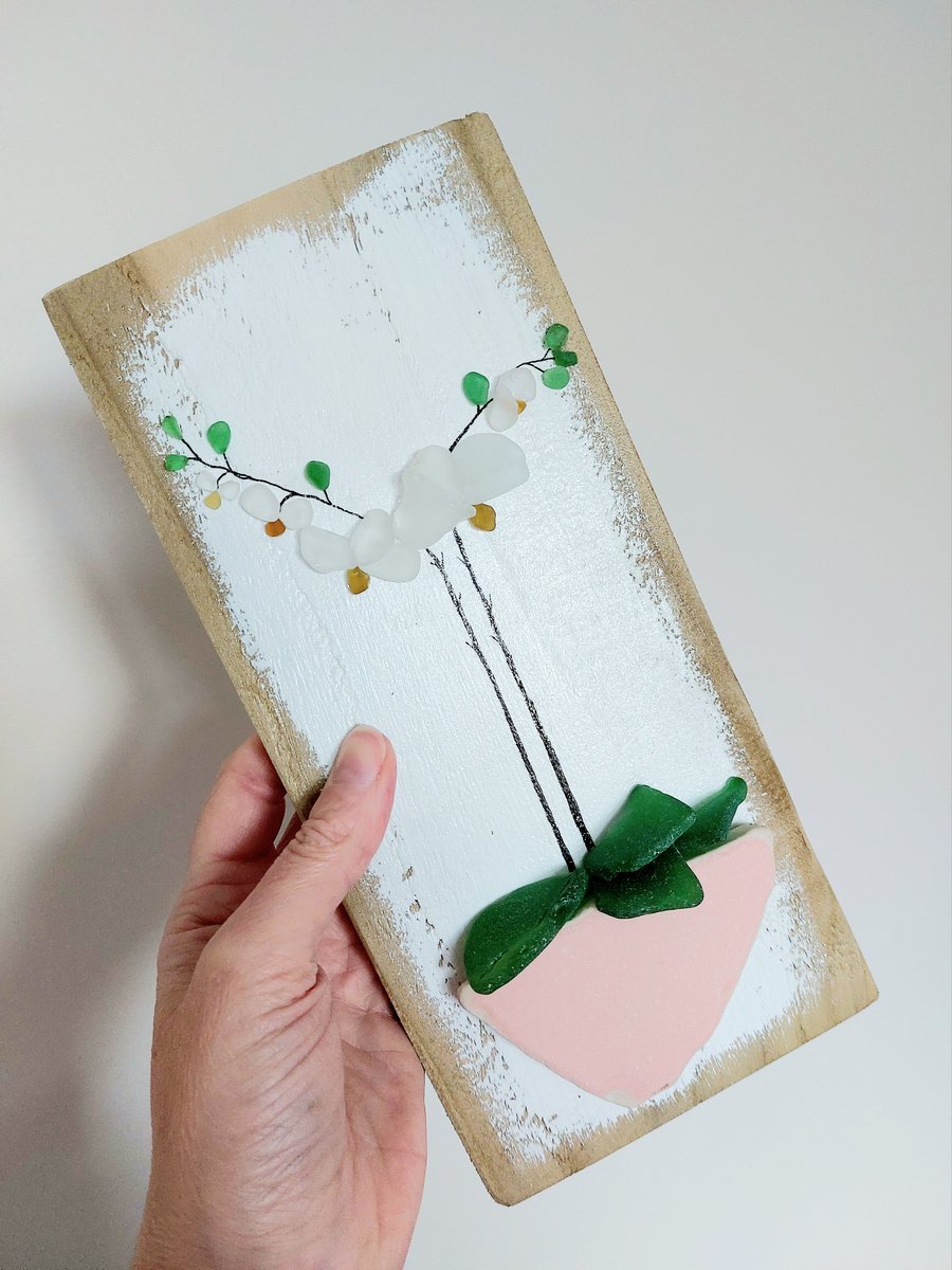 Sea Glass Art Picture - Orchid on Reclaimed Wood - Home Decor, Gift Idea