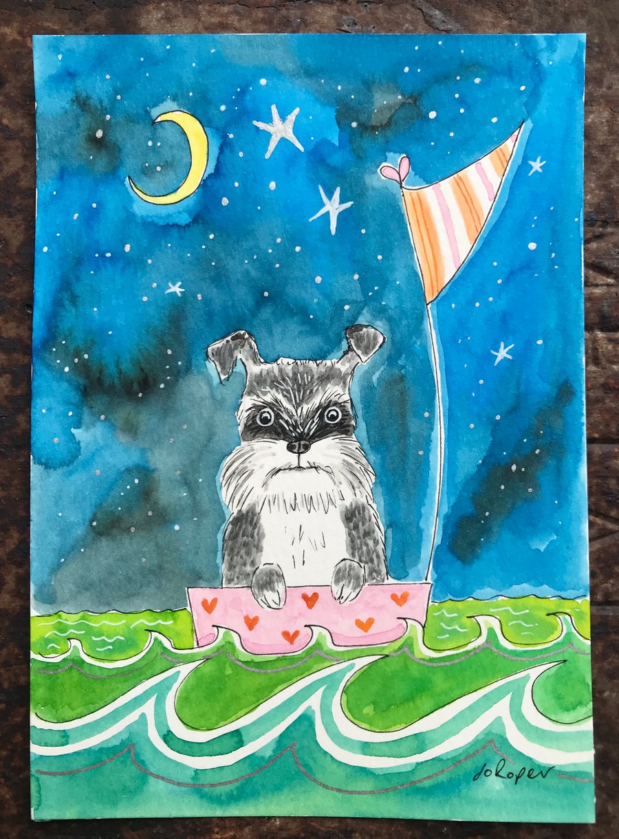 Original Painting Sailing poochie dog schnauzer  Jo Roper