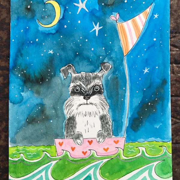 Original Painting Sailing poochie dog schnauzer  Jo Roper