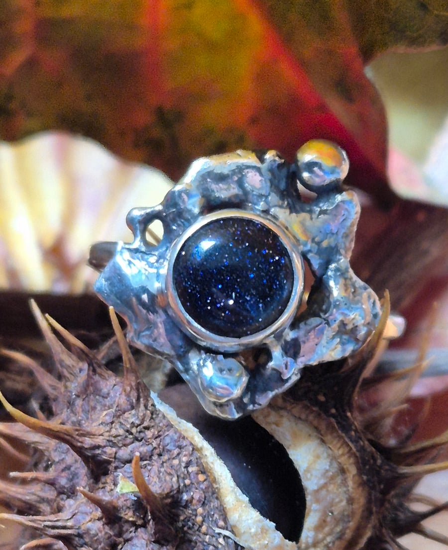 Sterling silver and blue goldstone gothic ring