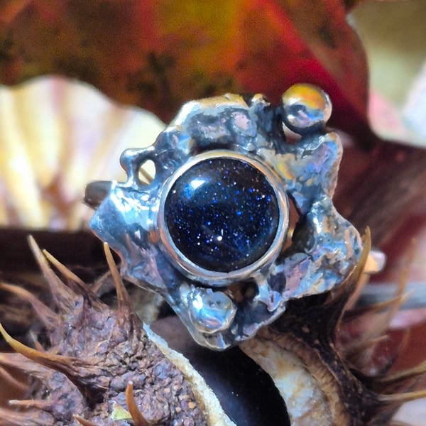 Sterling silver and blue goldstone gothic ring