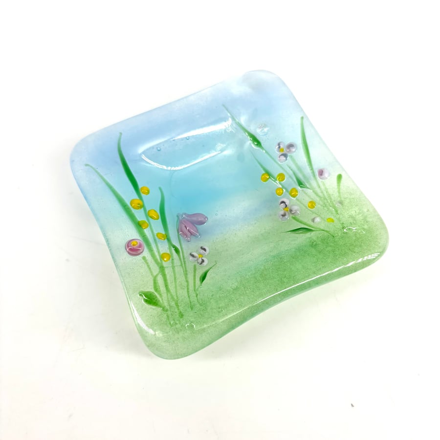 Fused Glass Trinket Dish with Lampwork Floral Detail