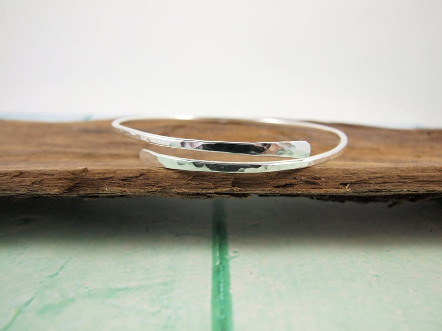 Sterling Silver Simple Hammered  Bangle, Adjustable Fit, Wrap Bracelet