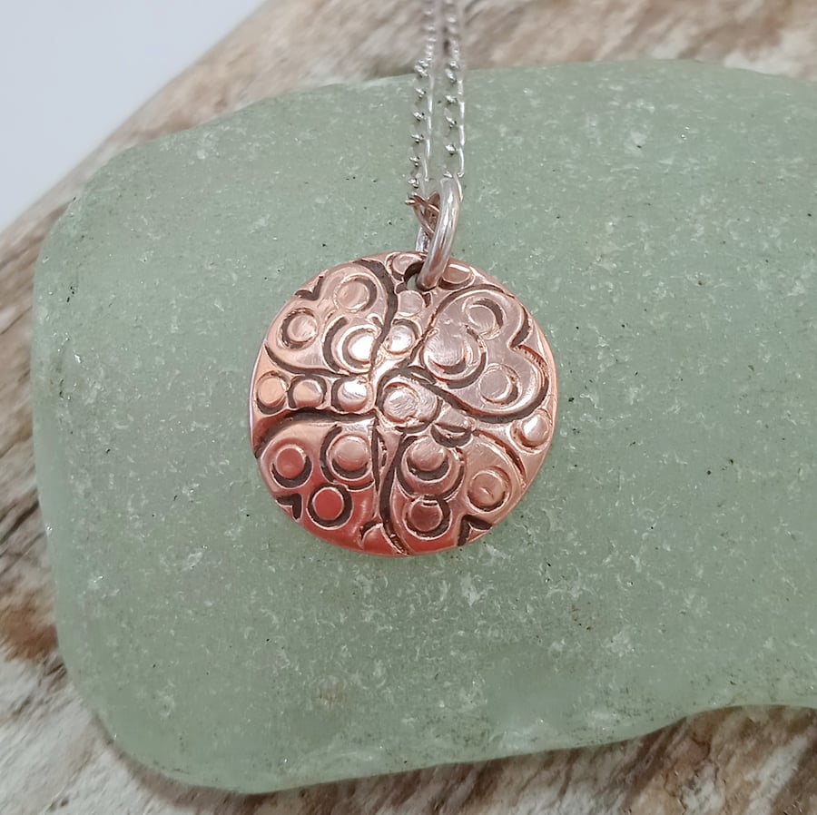 Copper Disc Hand Stamped Small Pendant Necklace (NKCUPDDC2) - UK Free Post