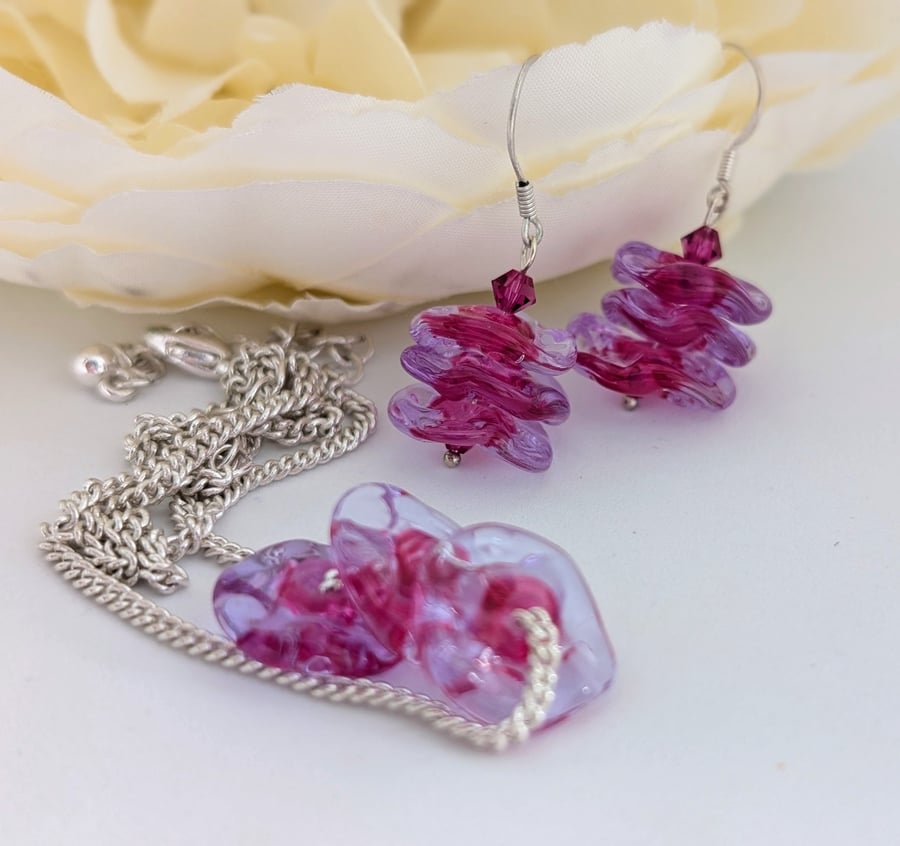 Pink Lampwork Glass Drop Earrings and Pendant Necklace Set