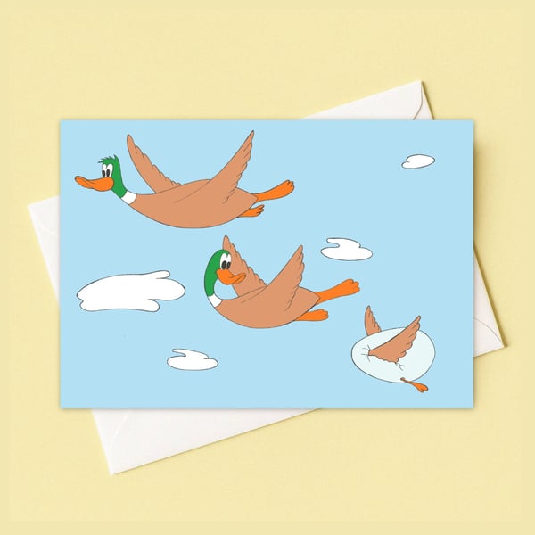 Flying Ducks Greeting Card: Hand Drawn Cartoon Artwork for Any Occasion (201)
