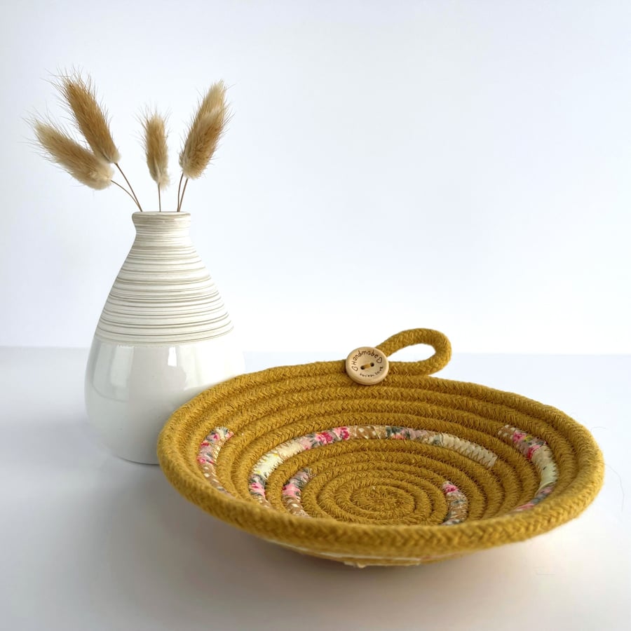 Small Coiled Rope Bowl with Mustard Rope and Floral Fabric