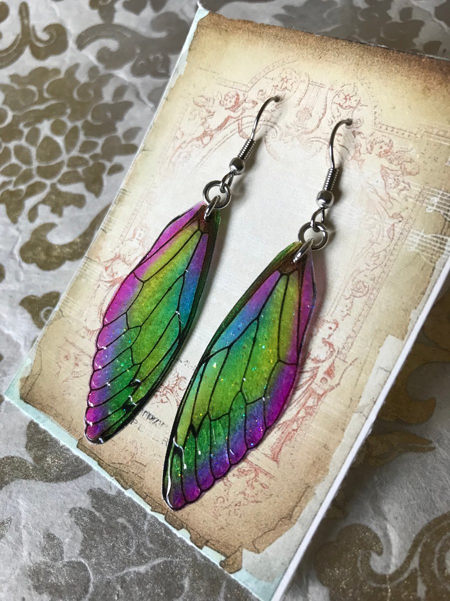 Purple Green Yellow and Pink Fairy Wing Surgical Steel Earrings