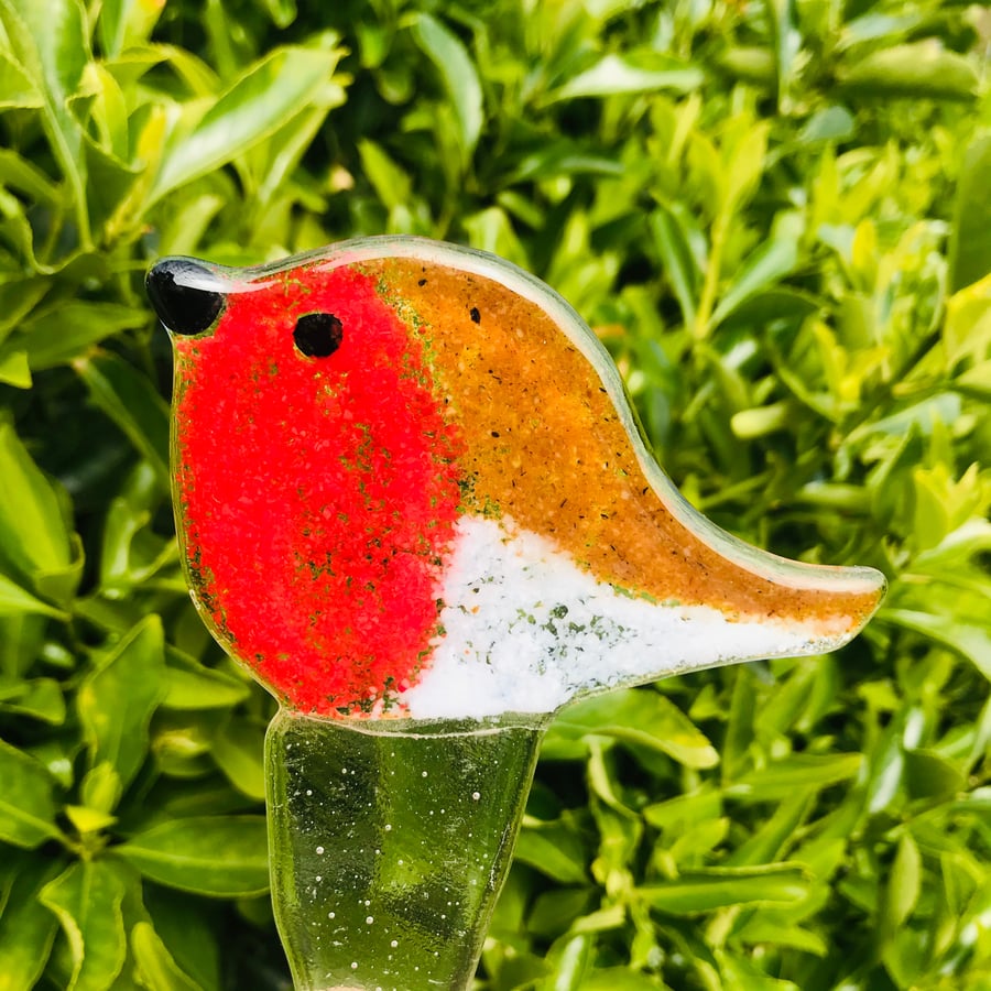 Fused glass robin garden stake plant pot decoration 