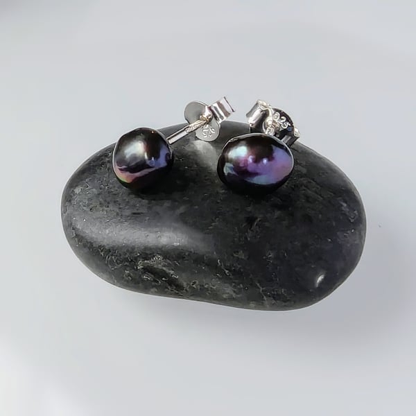 STUD EARRINGS Baroque black pearl sterling silver stud earrings