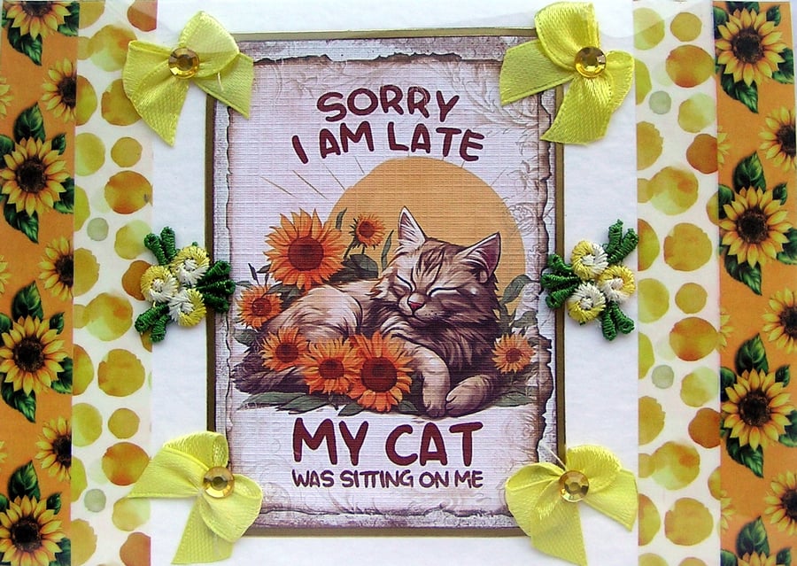 Cat Sorry Quote - Hand Crafted Decoupage Greeting Card - Blank (3088)