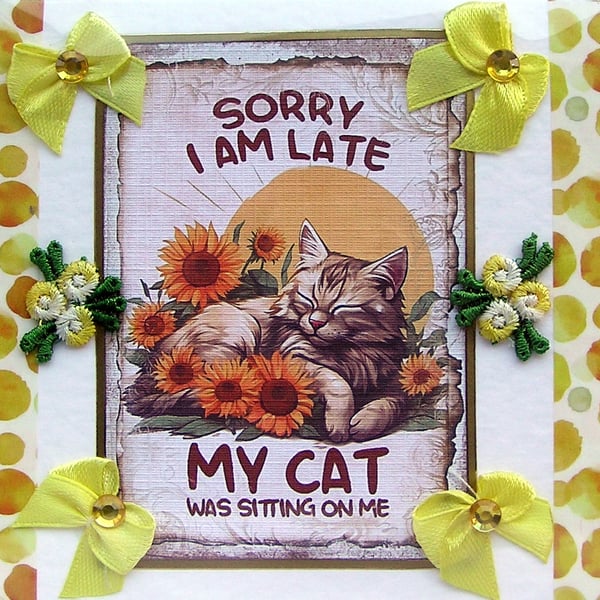 Cat Sorry Quote - Hand Crafted Decoupage Greeting Card - Blank (3088)