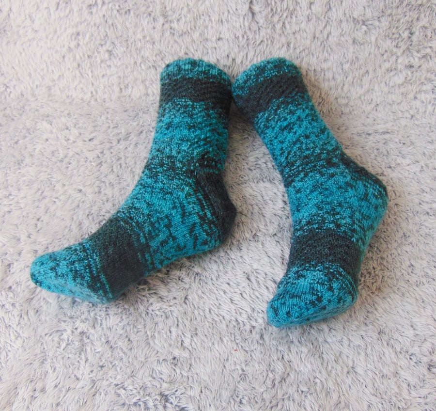 Blue Striped Socks, Warm Wool Socks, Hand Knitted Socks, Cosy Wool Blend Socks