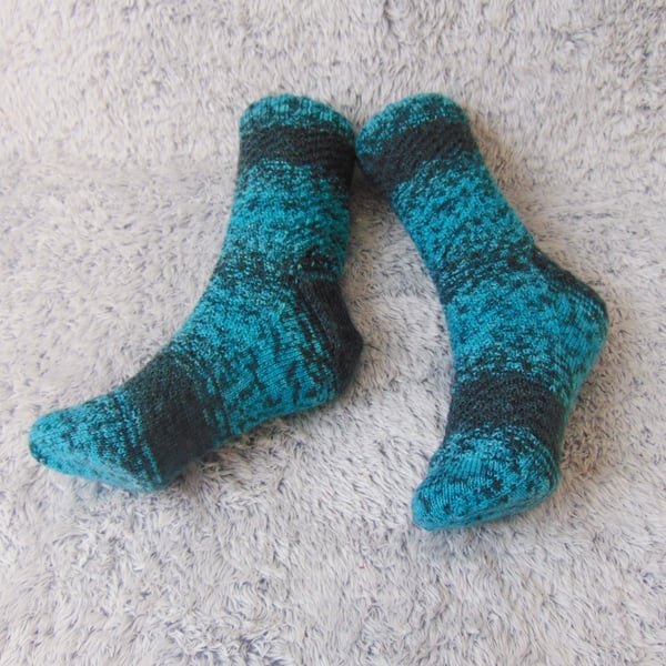 Blue Striped Socks, Warm Wool Socks, Hand Knitted Socks, Cosy Wool Blend Socks