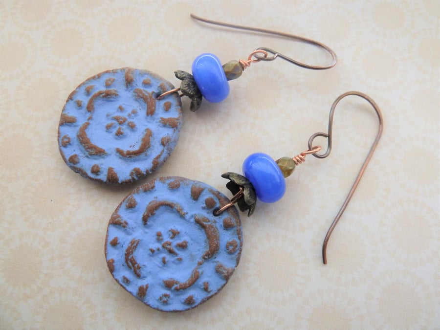 blue disc copper, lampwork and ceramic earrings