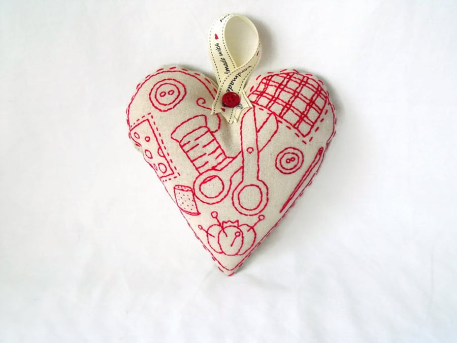 red work embroidered plush heart wall hanging