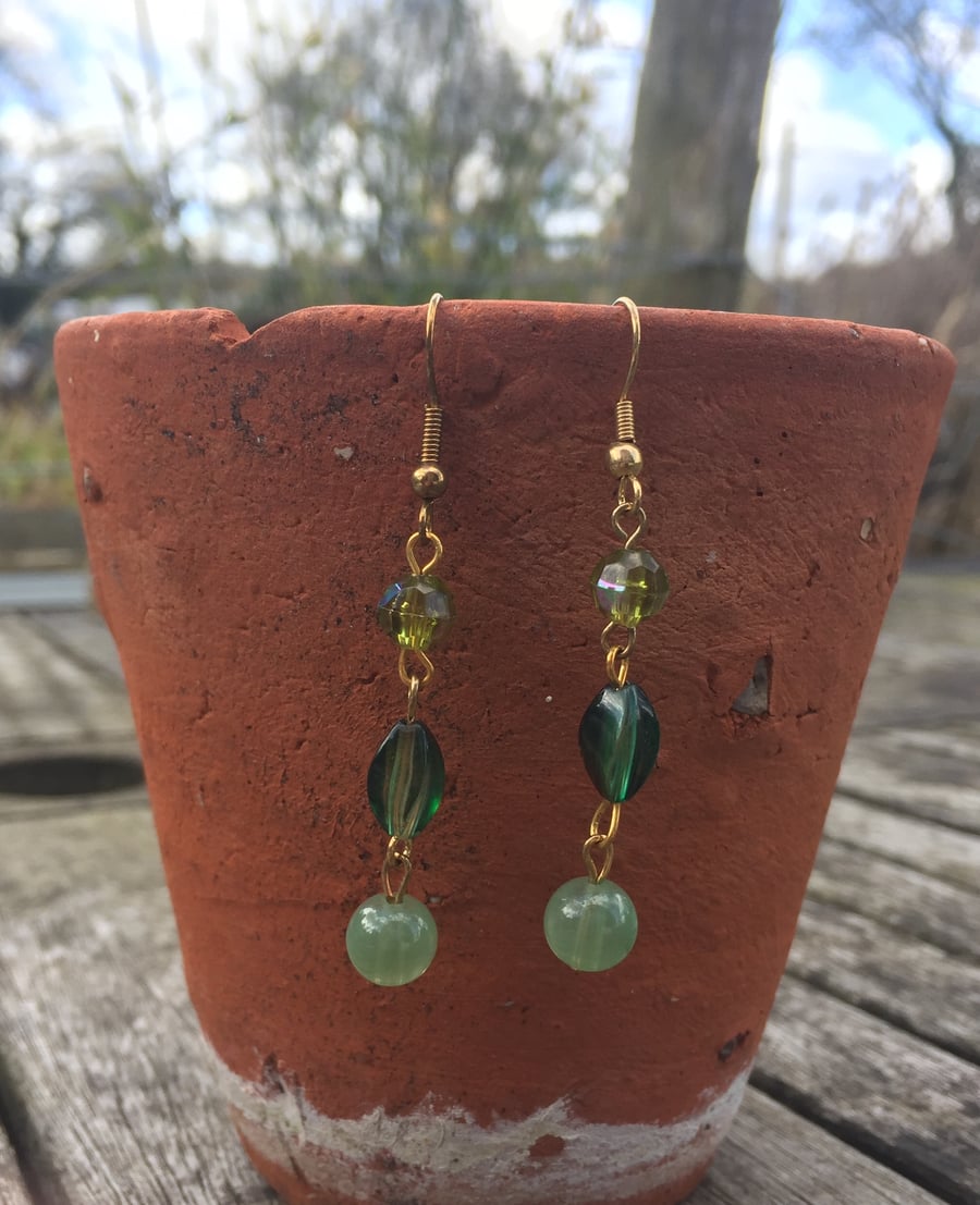 Gold and Green Bead Earrings
