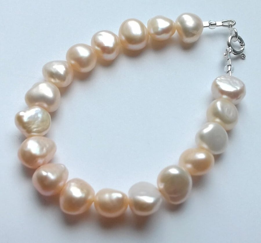 10-12mm Peach Pearl Beaded Bracelet with Sterling Silver Clasp