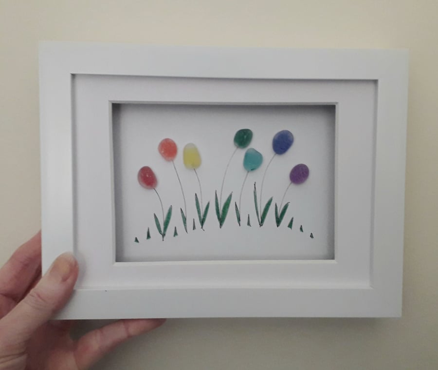 Framed Sea Glass Picture 15 x 20 cm, Colourful Seaham Sea Glass Flower Art
