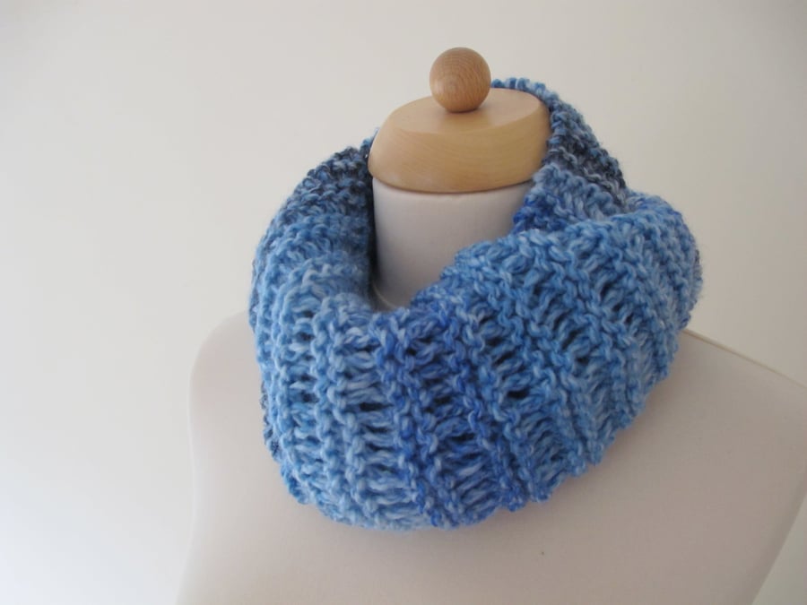 Hand knitted  soft cosy CIRCULAR SCARF  COWL shade - variegated  blue and grey 